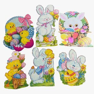 6 Vintage Die Cut Easter Decorations 1978 Amscan Bunny Eggs Chicks Wall Decor